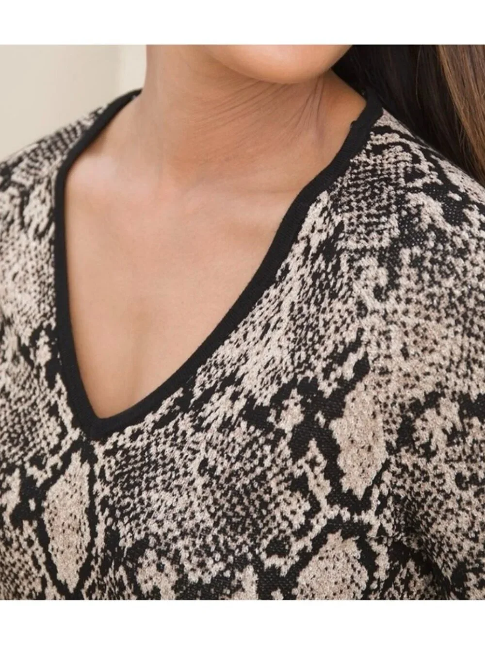 Chico’s Python Print Tie Neck Double Espresso Sweater-NWT
